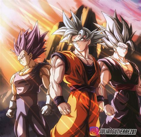 Ilustración de Goku, Vegeta y Gohan en estilo anime