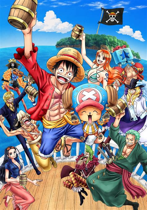 Ilustración de Monkey D. Luffy y otros personajes de One Piece TCG