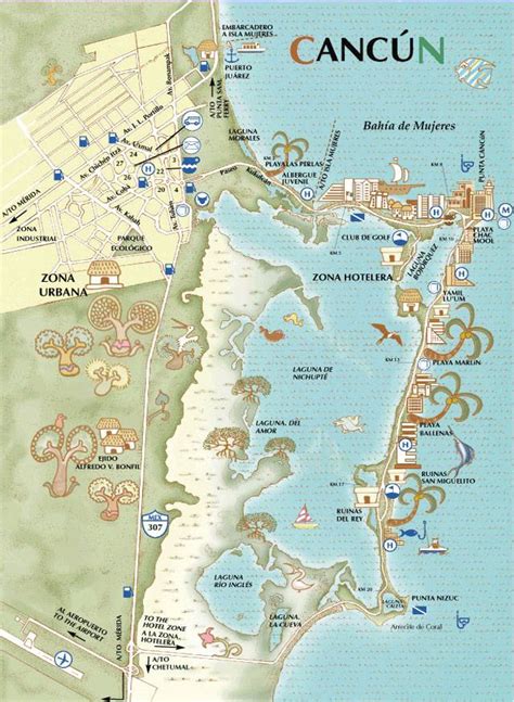 Mapa de Cancún, México, destacando sus playas