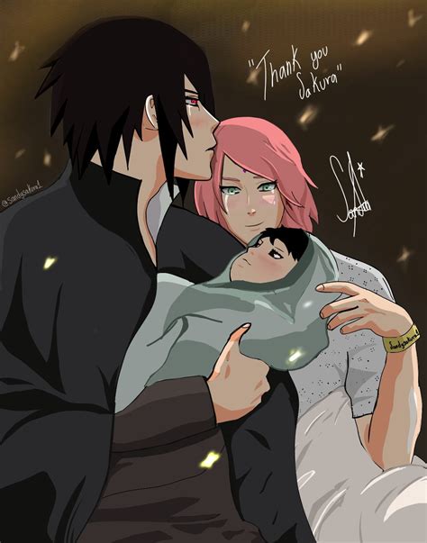Sasuke sosteniendo a la bebé Sarada
