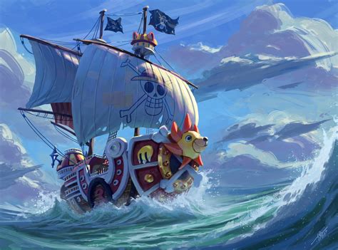 Ilustración de Jinbe navegando la Thousand Sunny a través de una ola