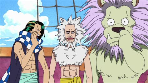 Luffy enfrentándose a Mohji y Richie con Shushu presente