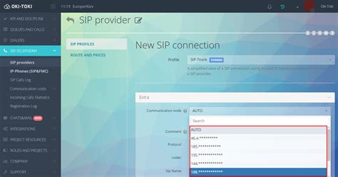 Interfaz de configuración de SIP Trunk en Oki-Toki