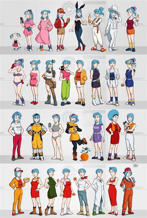 Collage de diferentes atuendos de Bulma a lo largo de Dragon Ball