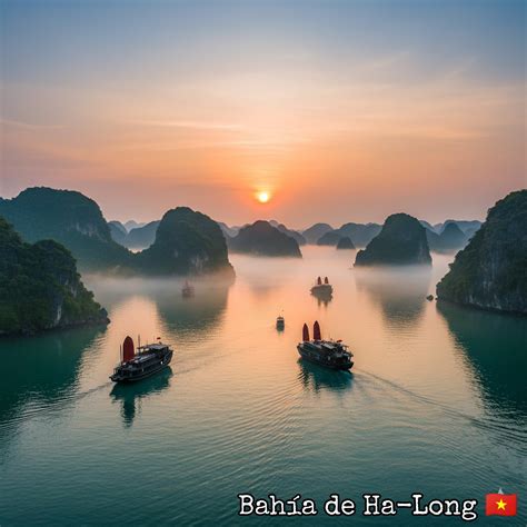 Islotes de piedra caliza emergiendo del agua en la Bahía de Halong