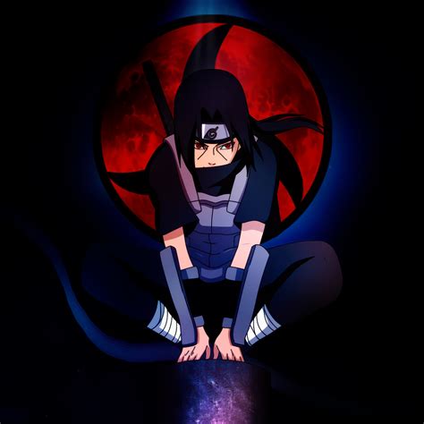 Ilustración de Itachi Uchiha en pose de combate con Sharingan activado