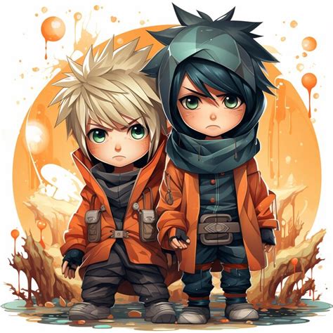 Ilustración de Naruto y Sasuke de niños