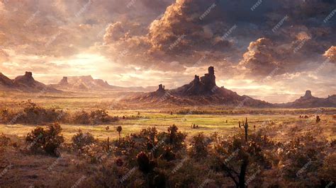 Ilustración de un paisaje del Oeste americano con carromatos
