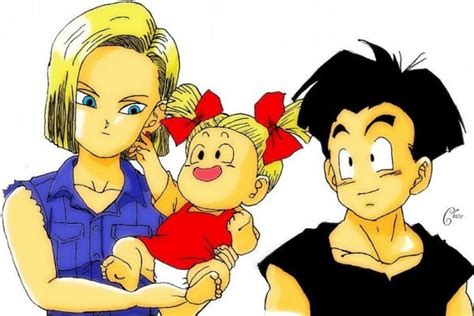 Ilustración de Krilin con su familia: Androide 18 y Marron