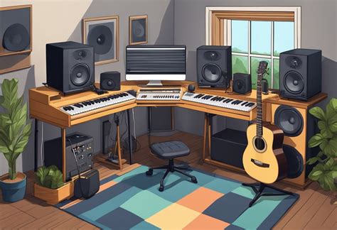 Ilustración de un estudio de grabación de anime con micrófonos y auriculares.