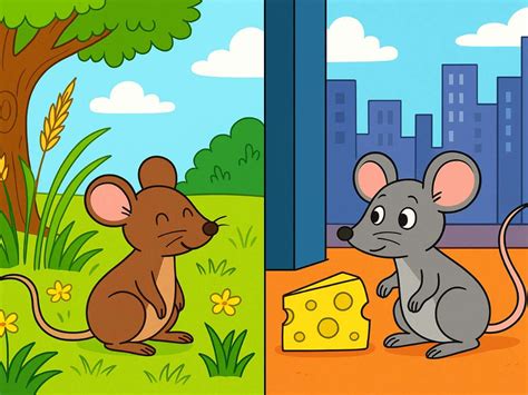 Ilustración de la fábula de la rata de campo y la rata de ciudad