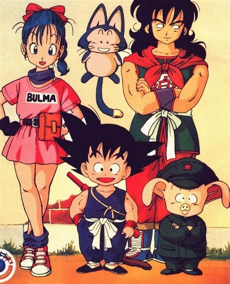 Ilustración de Bulma, Goku, Oolong y Puar en una aventura