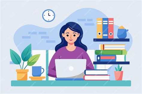 Ilustración de una mujer escribiendo en un ordenador portátil, rodeada de libros.