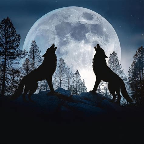 Pareja de lobos aullando a la luna