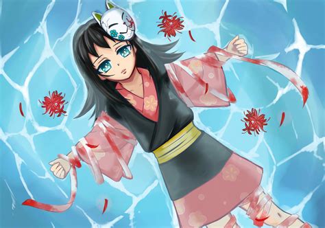 Ilustración de Makomo con su yukata roja y haori púrpura oscuro