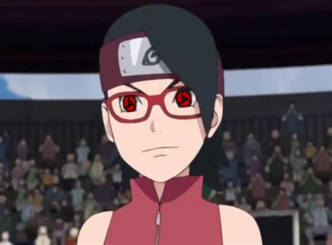 Retrato de Sarada Uchiha con su Sharingan activado