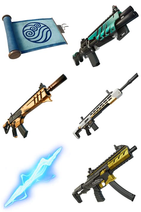 Ilustración de armas míticas de Fortnite con brillo amarillo