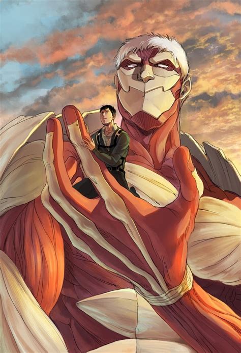 Ilustración de Bertholdt Hoover como humano y como Titán Colosal
