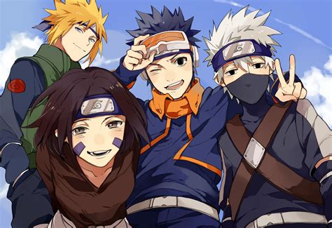 Ilustración de los genin Kakashi, Rin y Obito junto a Minato