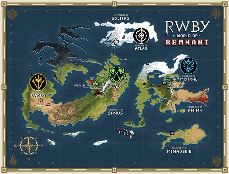 Mapa de Remnant con puntos de interés de RWBY y Karakura Town de Bleach.