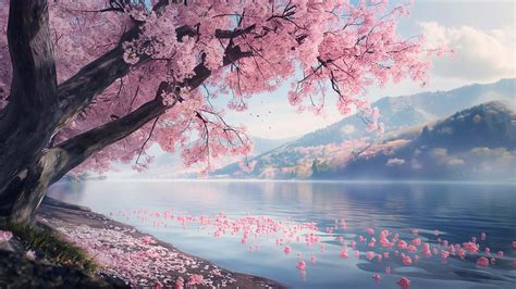 Paisaje de un lago con cerezos en flor