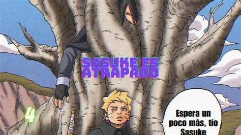 Sasuke atrapado en un árbol, rodeado de energía oscura