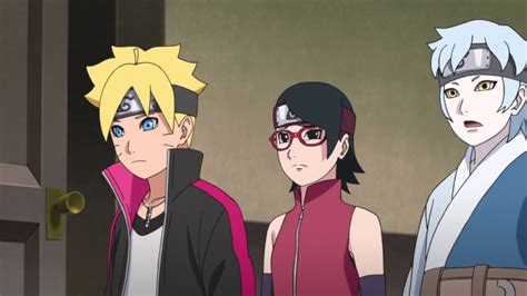 Equipo 7 (Boruto, Sarada, Mitsuki) preparándose para una misión