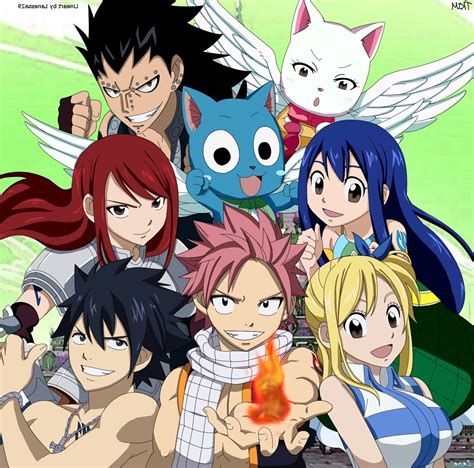 Ilustración de Natsu, Lucy, Happy, Erza y Gray
