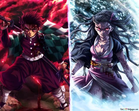 Nezuko transformada en demonio y Tanjiro protegiéndola