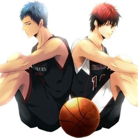 Ilustración de Aomine Daiki y Kagami Taiga en una pose de baloncesto, con un toque romántico