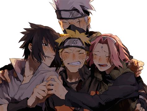 Ilustración de Naruto, Sasuke y Sakura intentando descubrir el rostro de Kakashi.