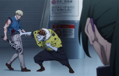 Ilustración de los personajes Maki, Nanami y Naobito en combate