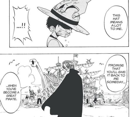 Shanks entregando el sombrero de paja a Luffy