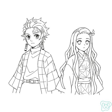 Ilustración a línea de Tanjiro y Nezuko para colorear