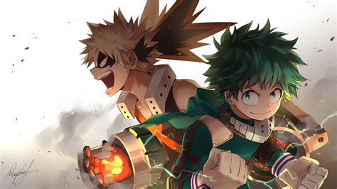 Ilustración de Bakugou Katsuki y Midoriya Izuku en un estilo anime