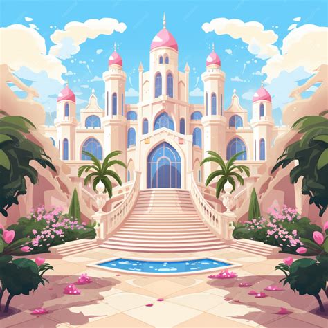 Ilustración de un palacio con personajes enigmáticos