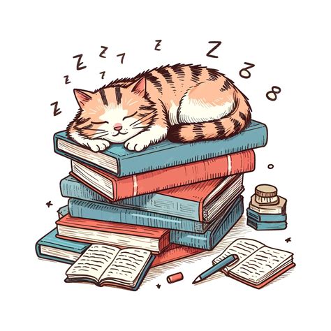 Ilustración de un gato sentado sobre una pila de libros en una librería acogedora