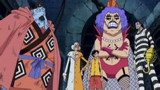 Luffy, Jinbe y Crocodile atacando a Sadi y las bestias infernales