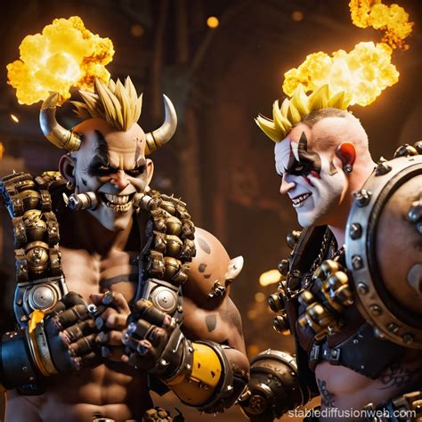 Ilustración de Junkrat y Roadhog en estilo anime