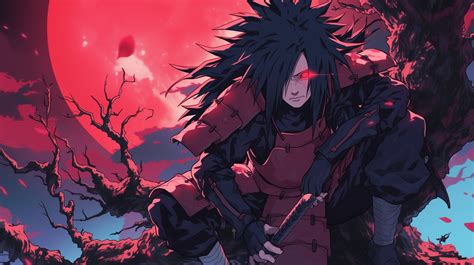 Retrato de Madara Uchiha en su adultez, con cabello largo y su Sharingan.