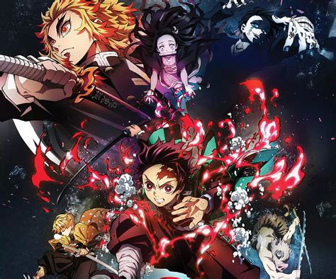 Ilustración de Tanjiro, Nezuko, Zenitsu, Inosuke y Kyojuro Rengoku abordando el Tren Infinito.