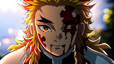 Primer plano de Kyojuro Rengoku con su característica sonrisa y determinación.