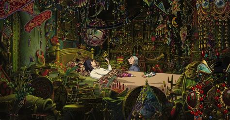 Detalle de la habitación de Howl en el Castillo Ambulante, mostrando su complejidad y cantidad de objetos