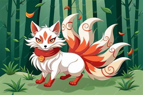 Ilustración de un zorro japonés con múltiples colas