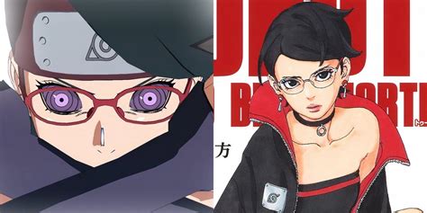 Sarada Uchiha con gafas rojas y su traje rosa.
