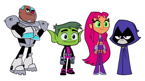 Robin, Starfire, Cyborg, Chico Bestia y Raven juntos